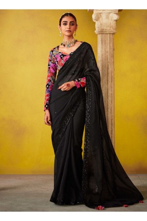 Black glass tissue sequins embroidered wedding saree with blouse 2158